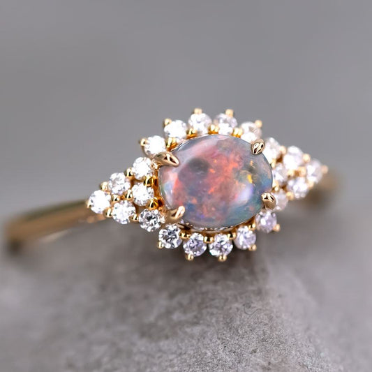 Black Opal and Diamond Halo Engagement Ring 18K Yellow Gold