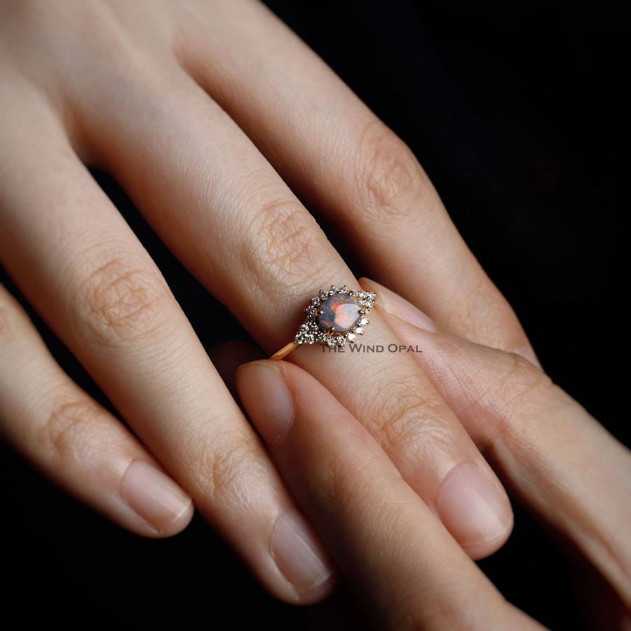 Black Opal and Diamond Halo Engagement Ring 18K Yellow Gold