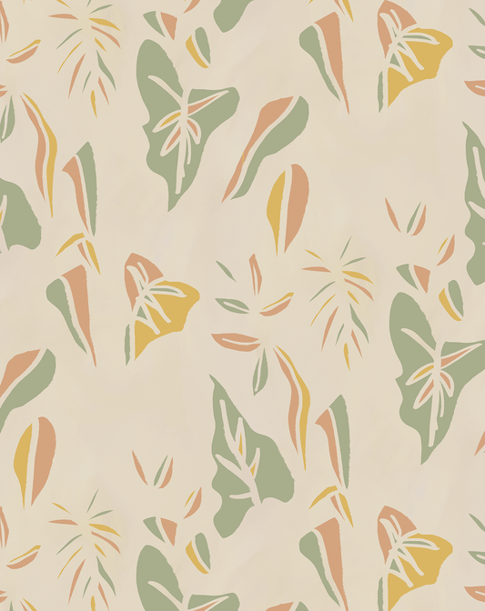 Block Print Foliage Wallpaper, tan and mint