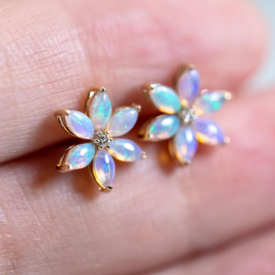 Blossom Stud Earrings Solid Opal 14K Gold Diamond Accents