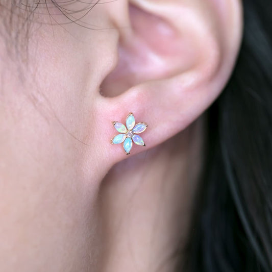 Blossom Stud Earrings Solid Opal 14K Gold Diamond Accents