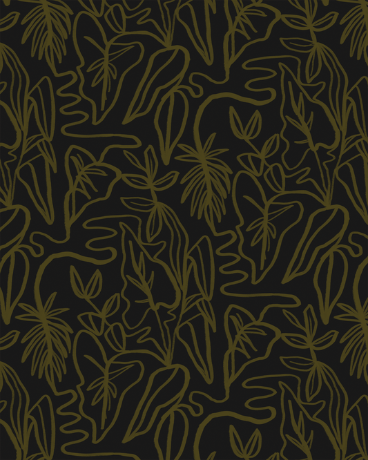 Inked Foliage Wallpaper, black and olive green
