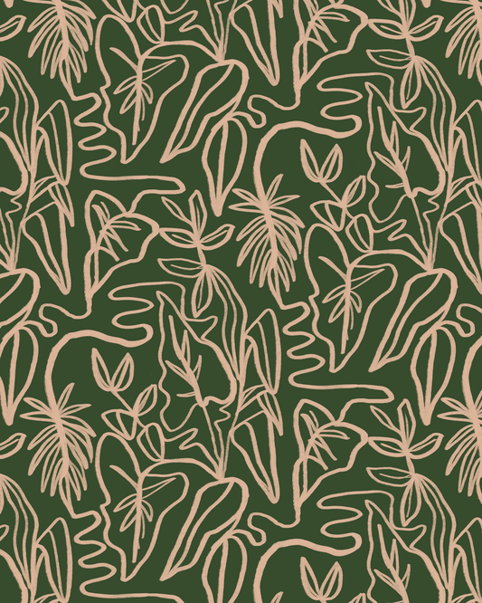 Inked Foliage Wallpaper, green and peach