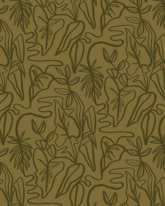 Inked Foliage Wallpaper, olive green