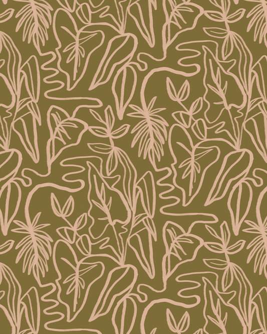 Inked Foliage Wallpaper, olive green and peach