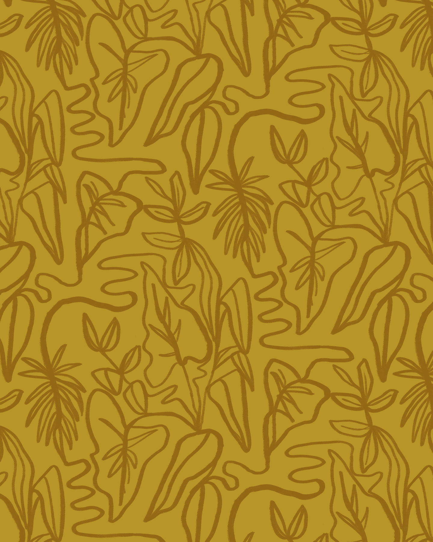 Inked Foliage Wallpaper, mustard