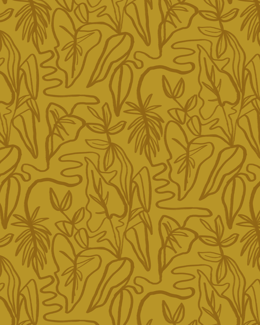 Inked Foliage Wallpaper, mustard