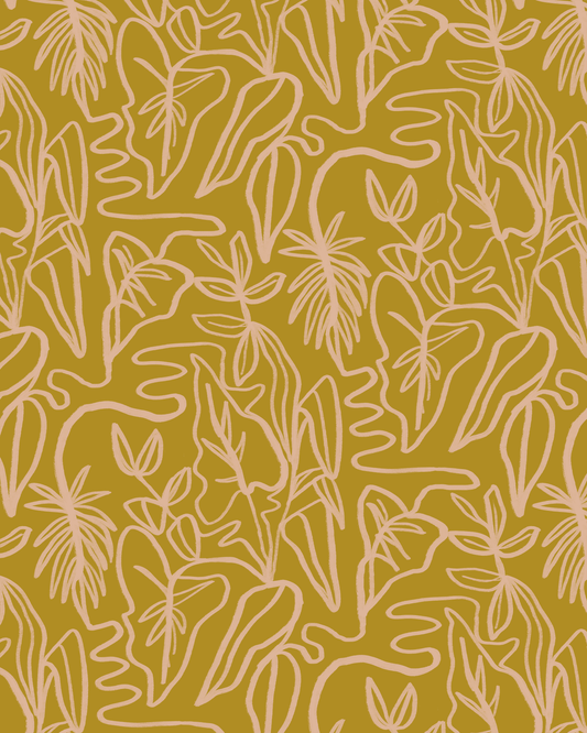 Inked Foliage Wallpaper, mustard and peach