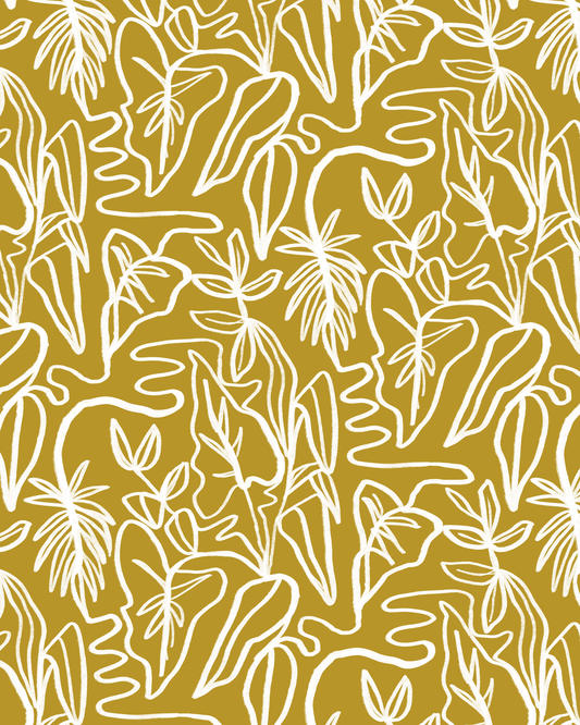 Inked Foliage Wallpaper, mustard and white