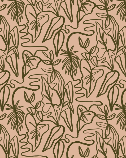 Inked Foliage Wallpaper, peach and olive green