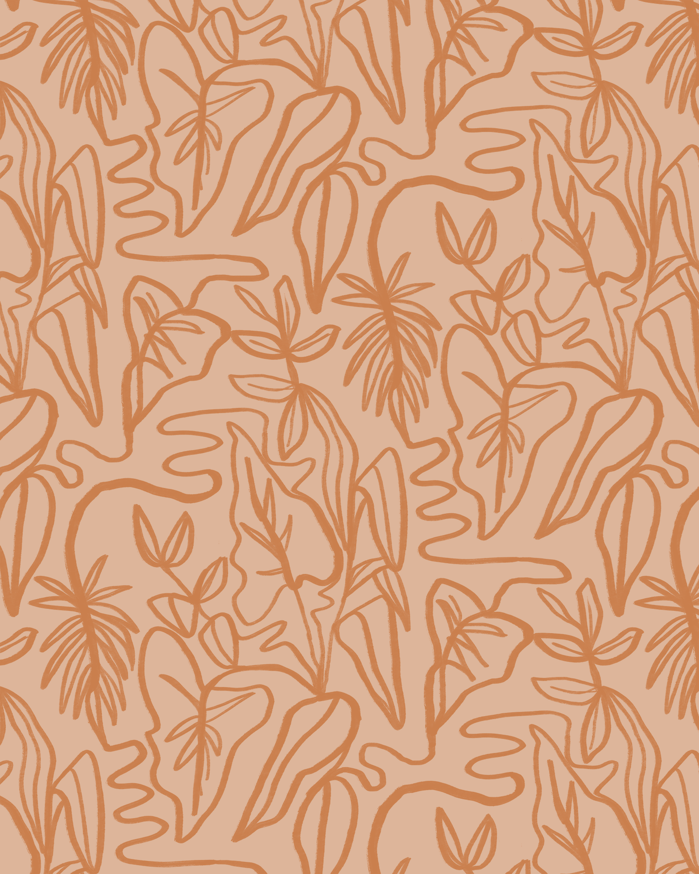 Inked Foliage Wallpaper, peach & orange