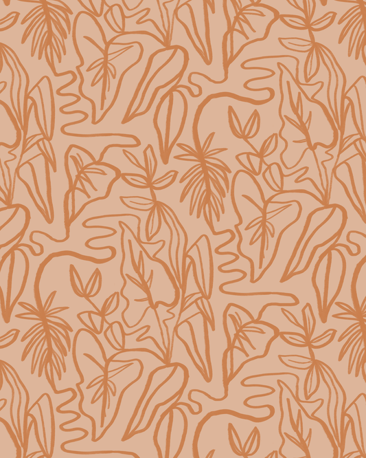 Inked Foliage Wallpaper, peach & orange