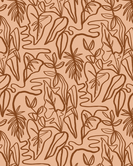 Inked Foliage Wallpaper, peach and rust
