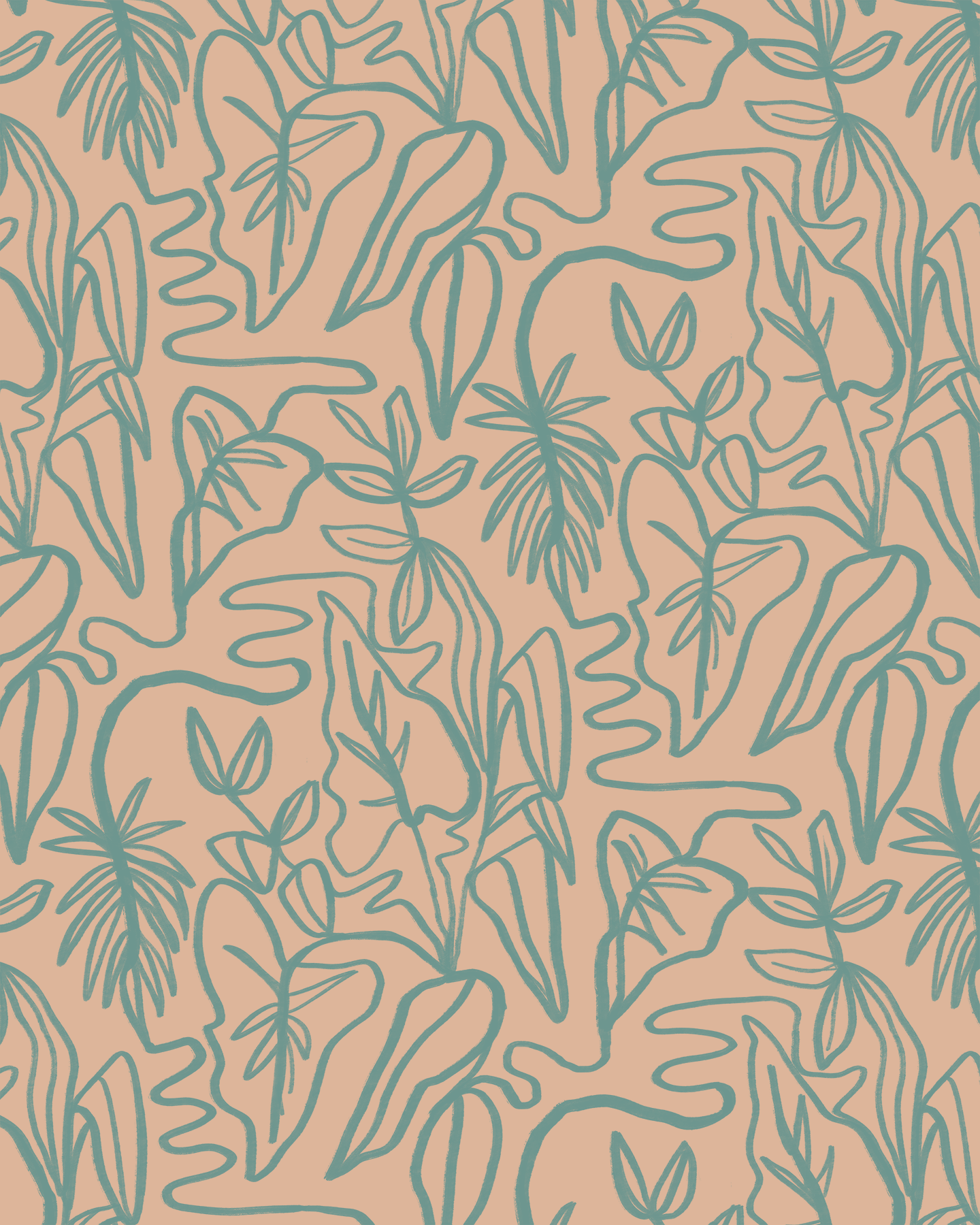 Inked Foliage Wallpaper, peach and teal