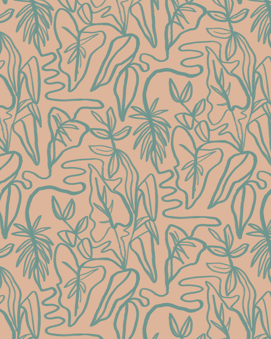 Inked Foliage Wallpaper, peach and teal