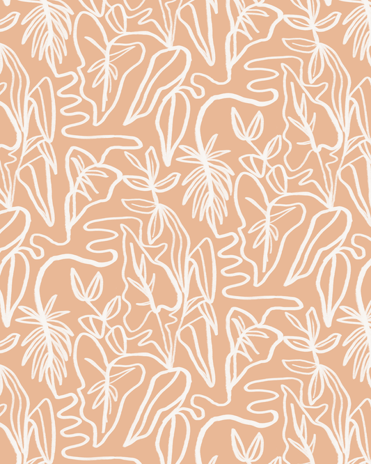 Inked Foliage Wallpaper, peach and white