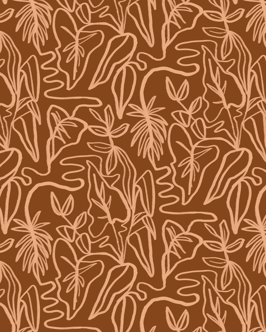 Inked Foliage Wallpaper, rust and peach