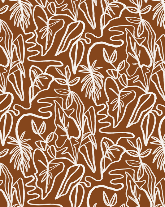 Inked Foliage Wallpaper, rust and white