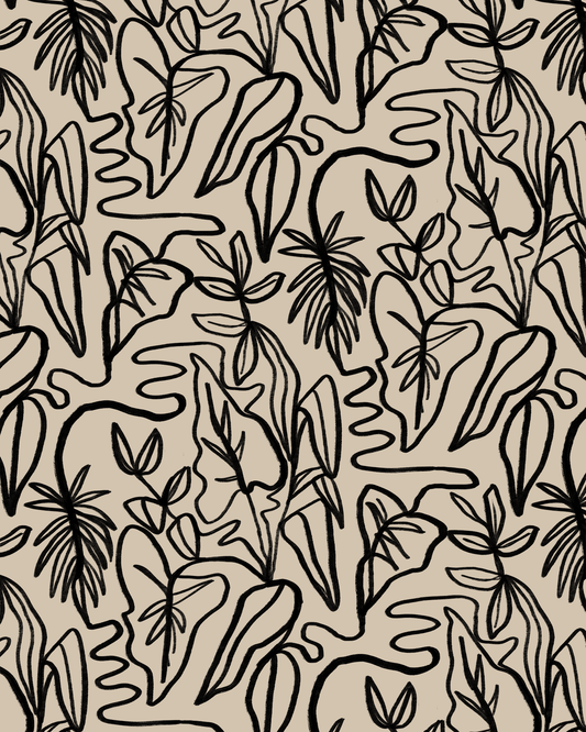 Inked Foliage Wallpaper, tan and black