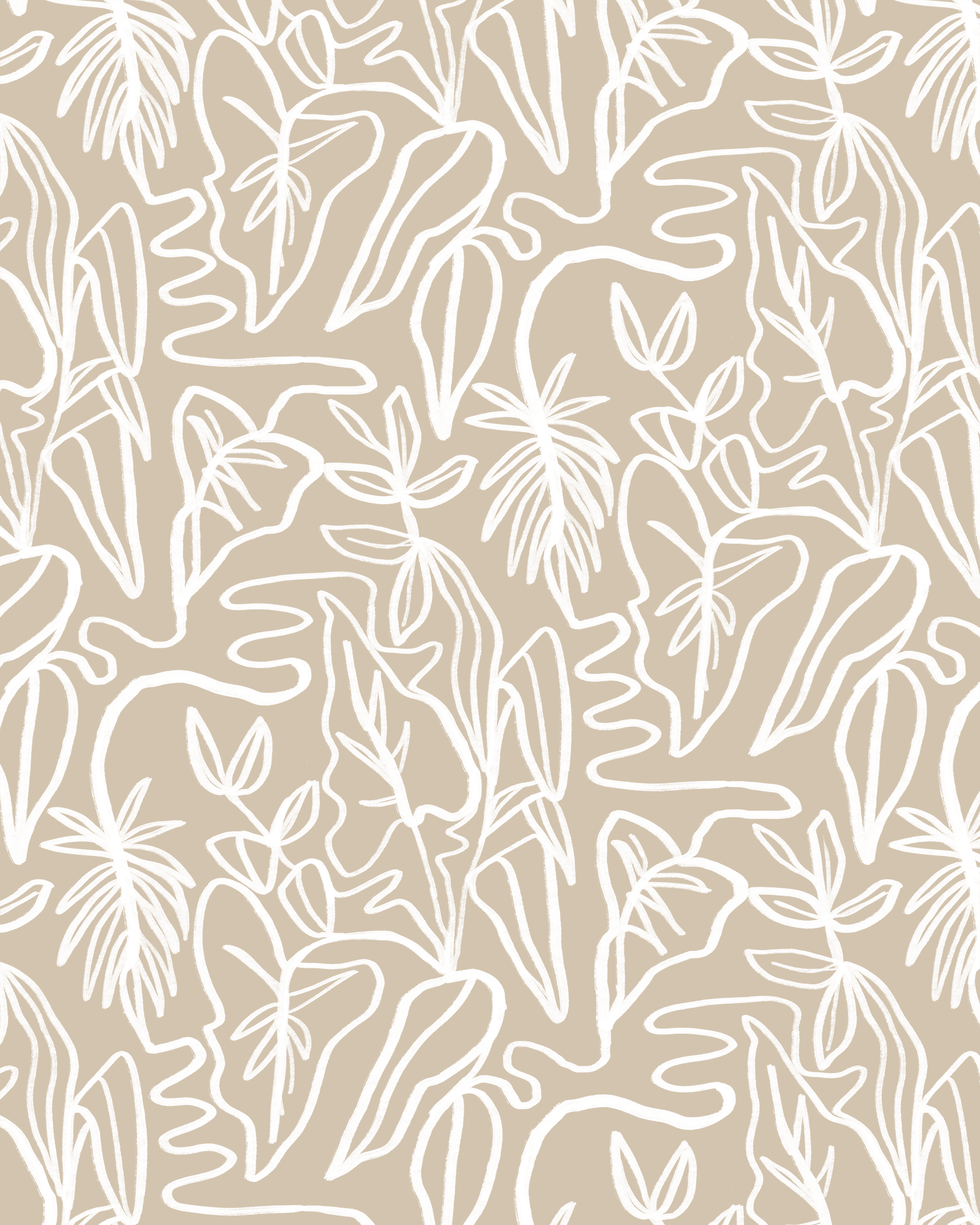Inked Foliage Wallpaper, tan and white