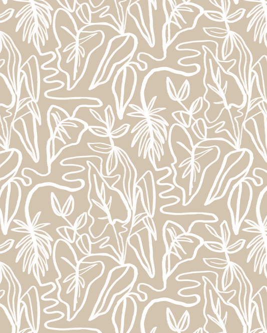 Inked Foliage Wallpaper, tan and white