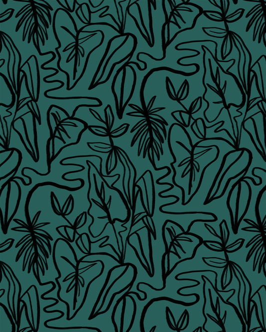 Inked Foliage Wallpaper, teal and black