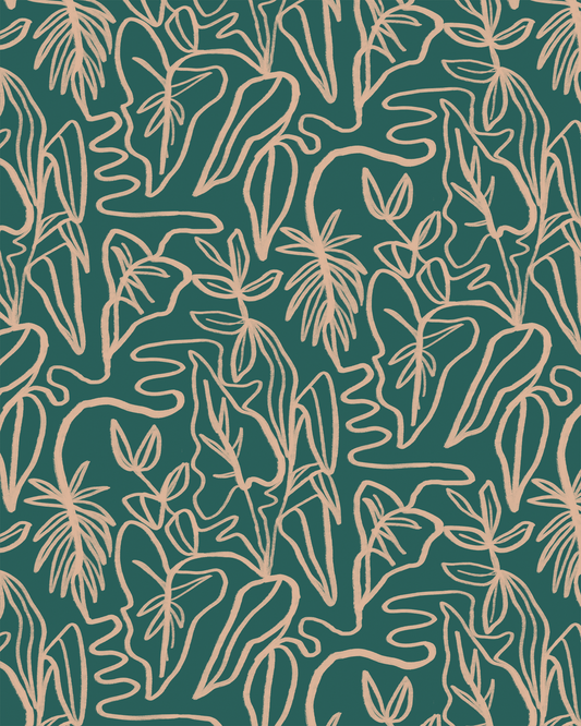 Inked Foliage Wallpaper, teal and peach
