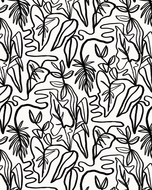 Inked Foliage Wallpaper, white and black
