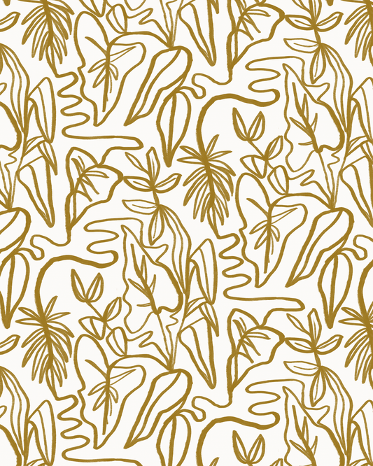 Inked Foliage Wallpaper, white and mustard
