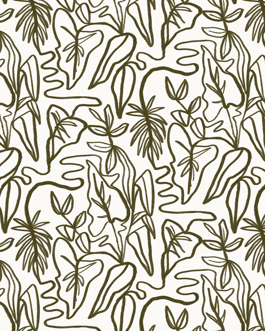 Inked Foliage Wallpaper, white and olive green