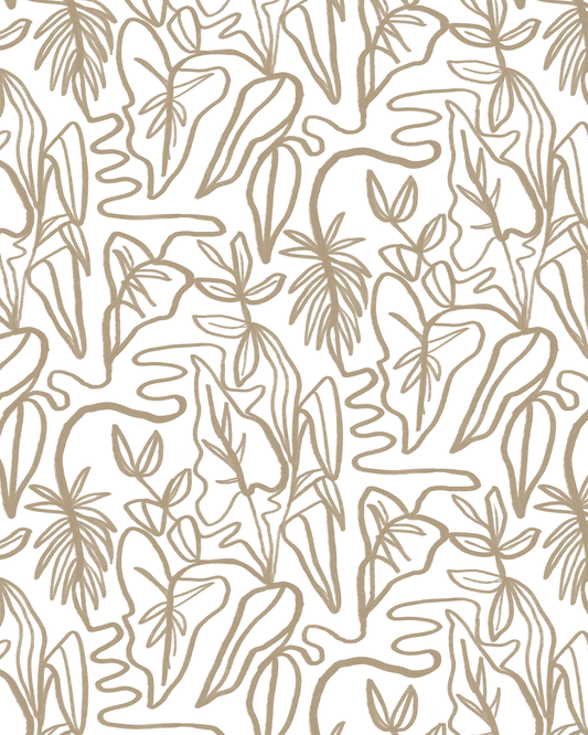Inked Foliage Wallpaper, white and tan