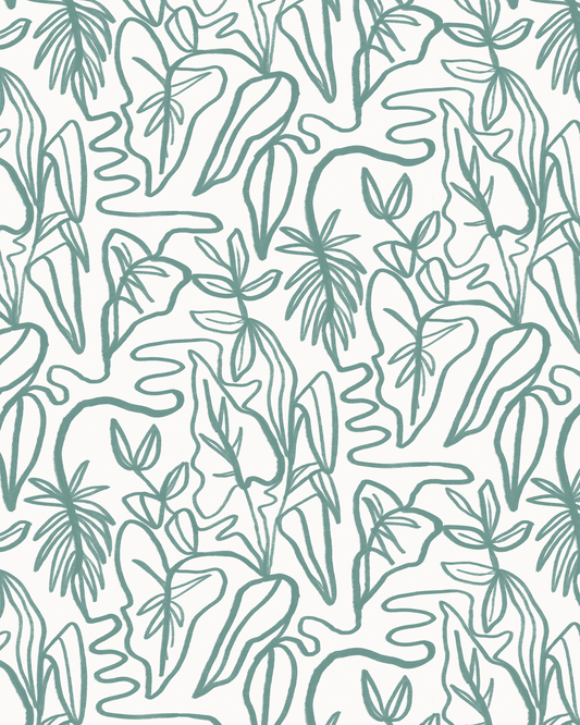 Inked Foliage Wallpaper, white and teal