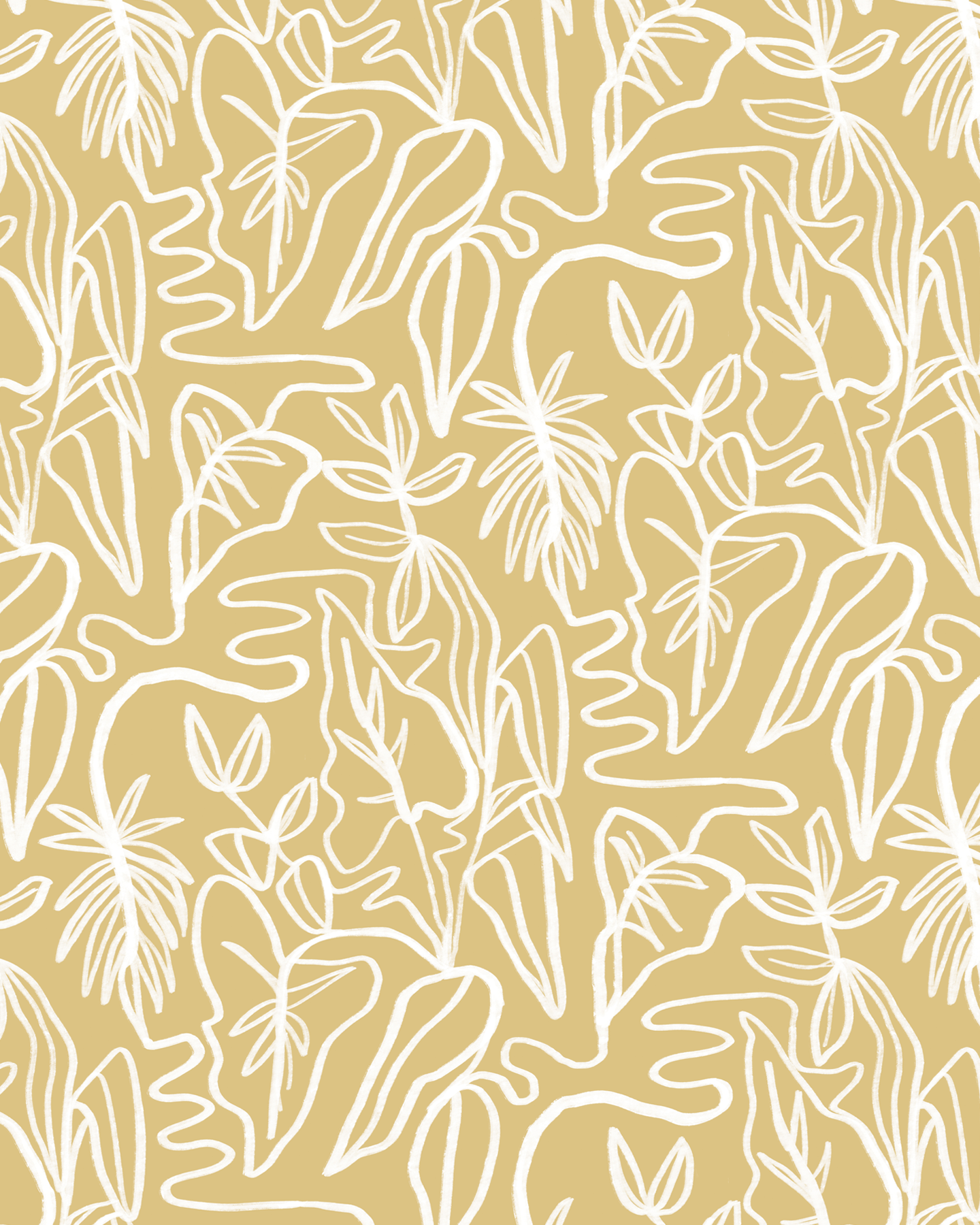 Inked Foliage Wallpaper, butter yellow and white