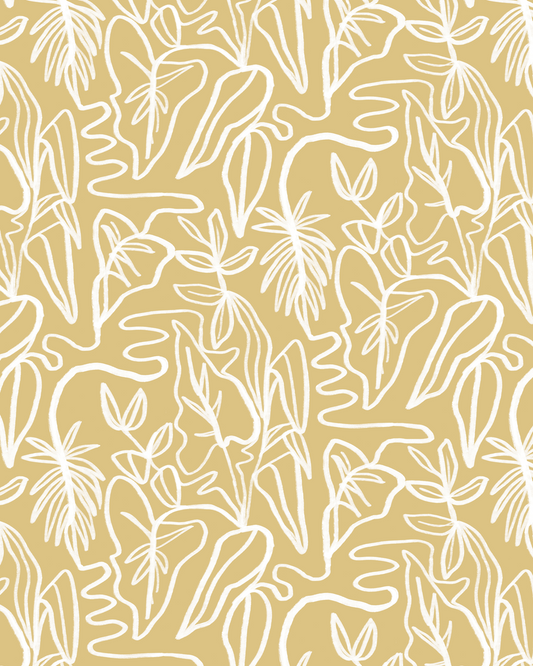 Inked Foliage Wallpaper, butter yellow and white
