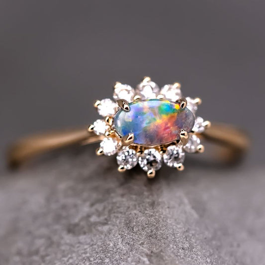 Play of Color Boulder Opal Diamond Halo Engagement Ring 18K Gold
