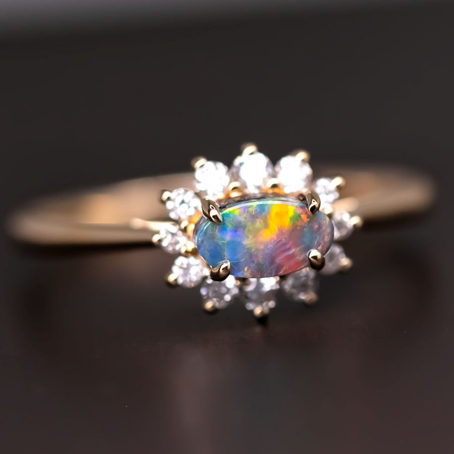 Play of Color Boulder Opal Diamond Halo Engagement Ring 18K Gold