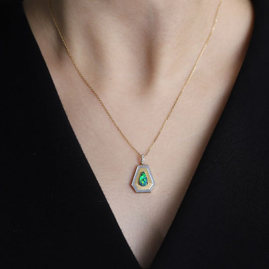 Black Opal Necklace Trapezoid Shaped Pendant 18k Yellow Gold