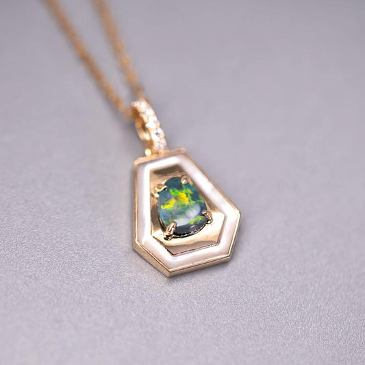 Black Opal Necklace Trapezoid Shaped Pendant 18k Yellow Gold