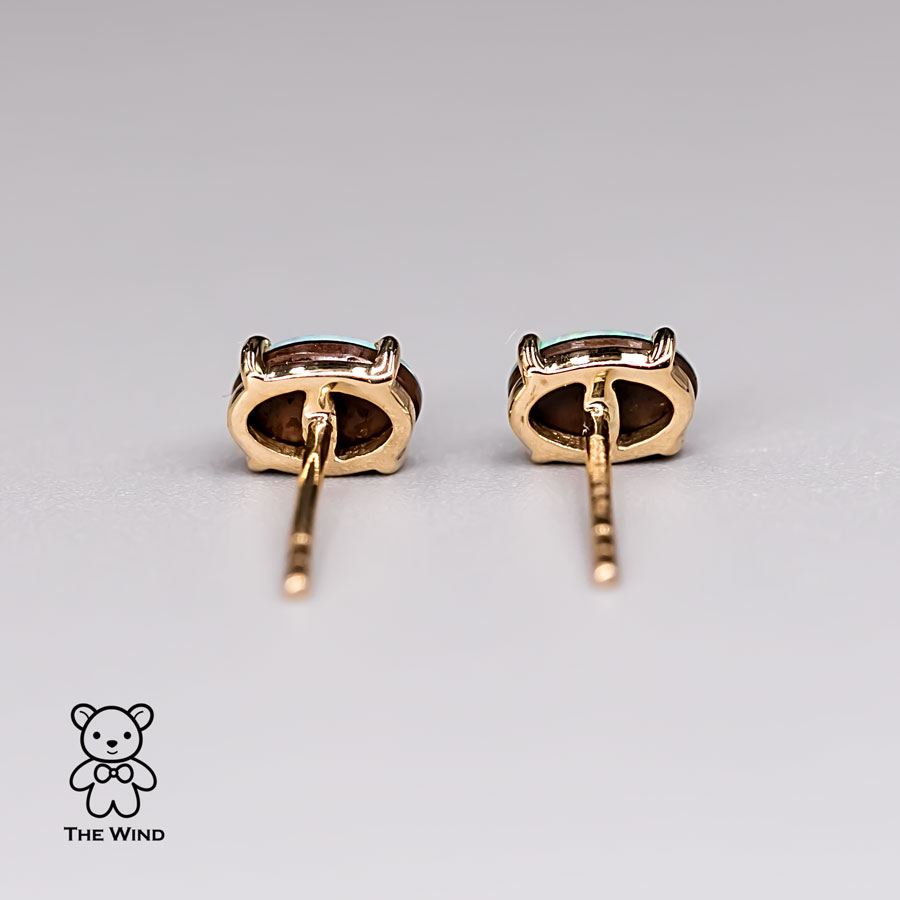 Minimalist Bright Australian Doublet Opal Oval Stud Earrings 14K Yellow Gold