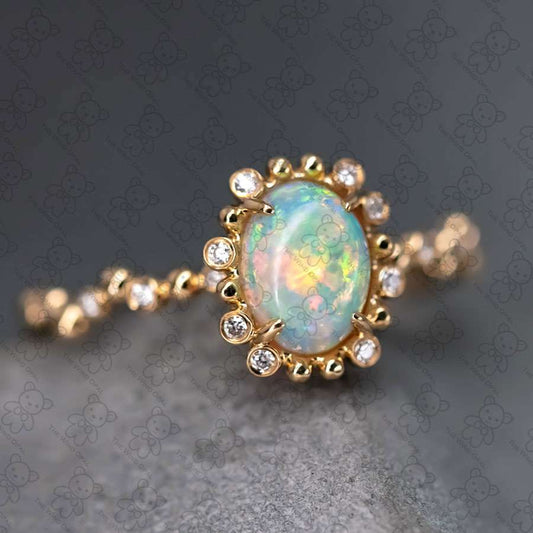 Bubble Tea Design Australian Opal Diamond Engagement Ring 18K Yellow Gold