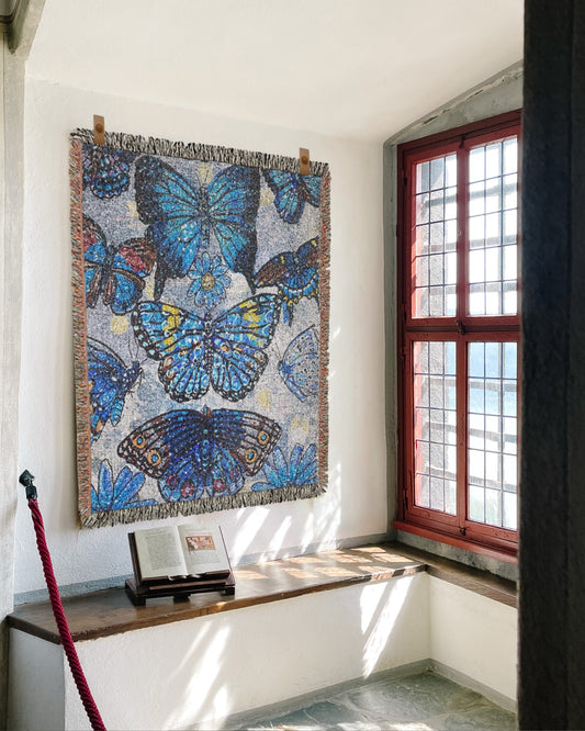 Blue Butterflies Woven Blanket Tapestry