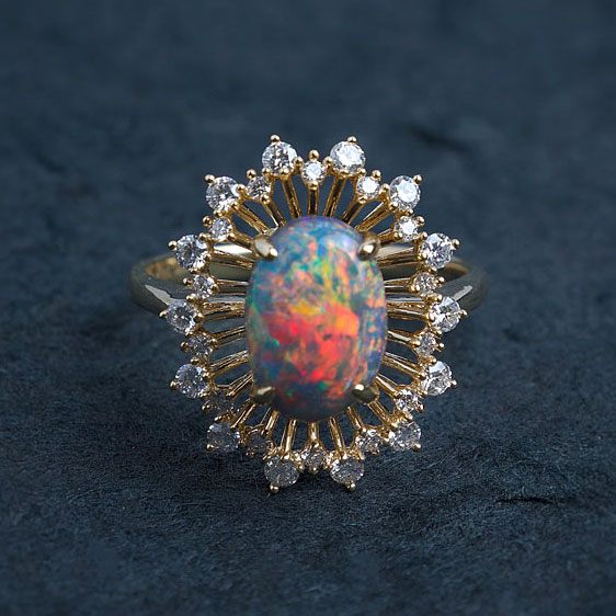 Certificated 2.26ct Play of Color Black Opal Diamond Halo Engagement Ring 18K Gold