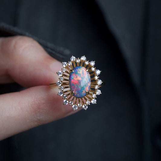 Certificated 2.26ct Play of Color Black Opal Diamond Halo Engagement Ring 18K Gold