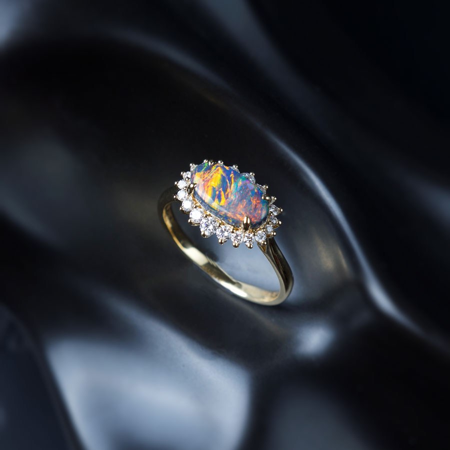 Certificated Black Opal Halo Diamond Engagement Ring 18K Gold