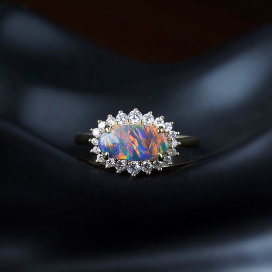 Certificated Black Opal Halo Diamond Engagement Ring 18K Gold
