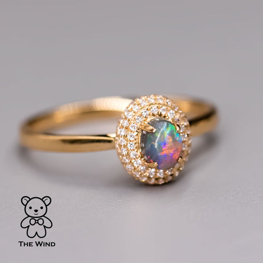 Classic Halo Design Australian Black Opal Diamond Engagement Ring 18K Yellow Gold