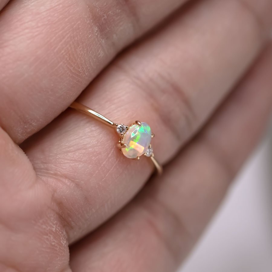 Classic Design Oval Solid Opal Diamond Engagement Ring 14K Yellow Gold