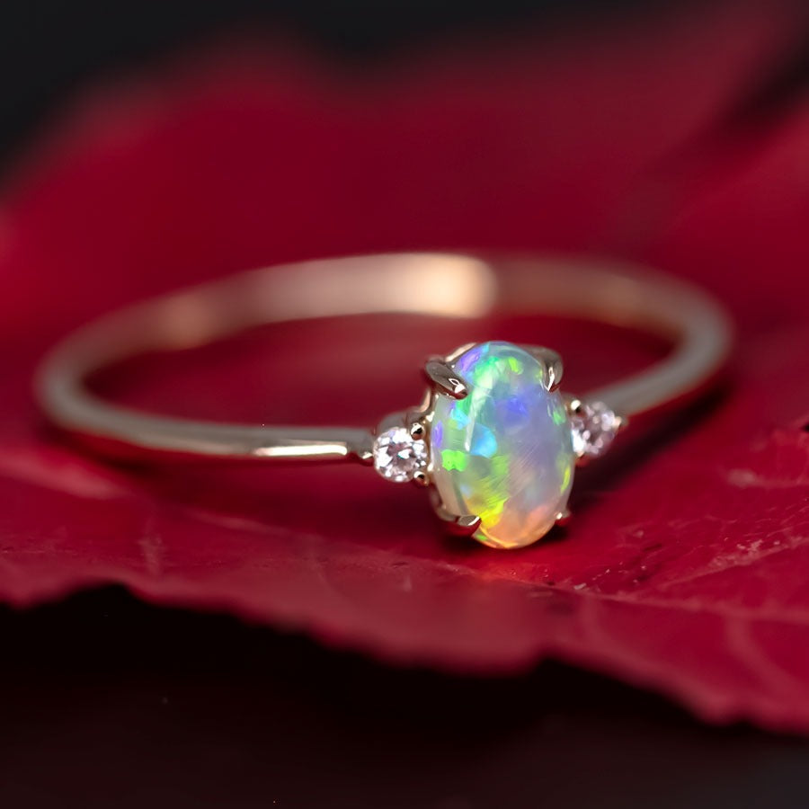 Classic Design Oval Solid Opal Diamond Engagement Ring 14K Yellow Gold
