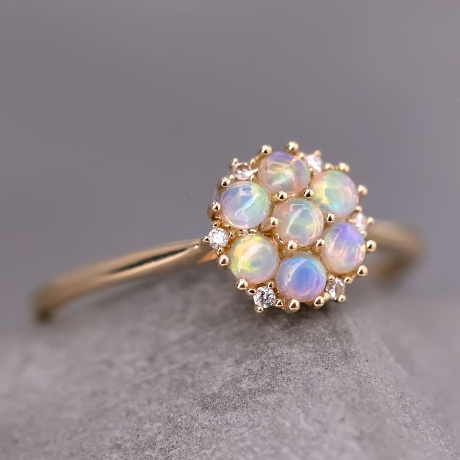 Cluster Engagement Ring Solid Opal & Diamond 18K Yellow Gold