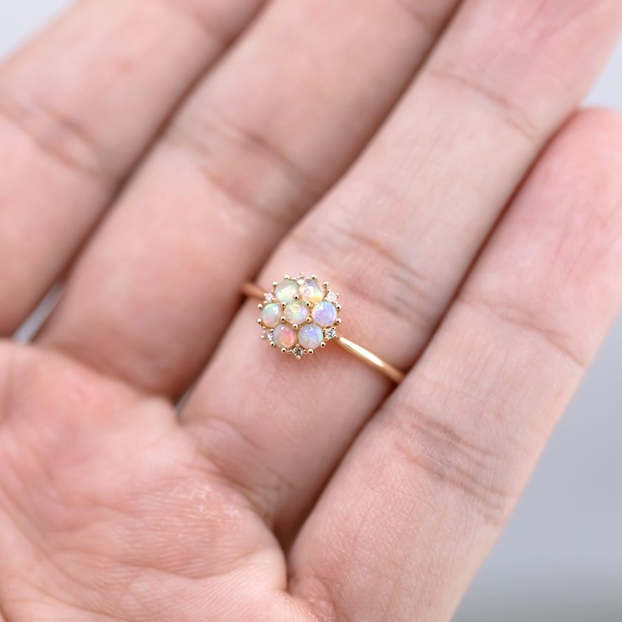 Cluster Engagement Ring Solid Opal & Diamond 18K Yellow Gold